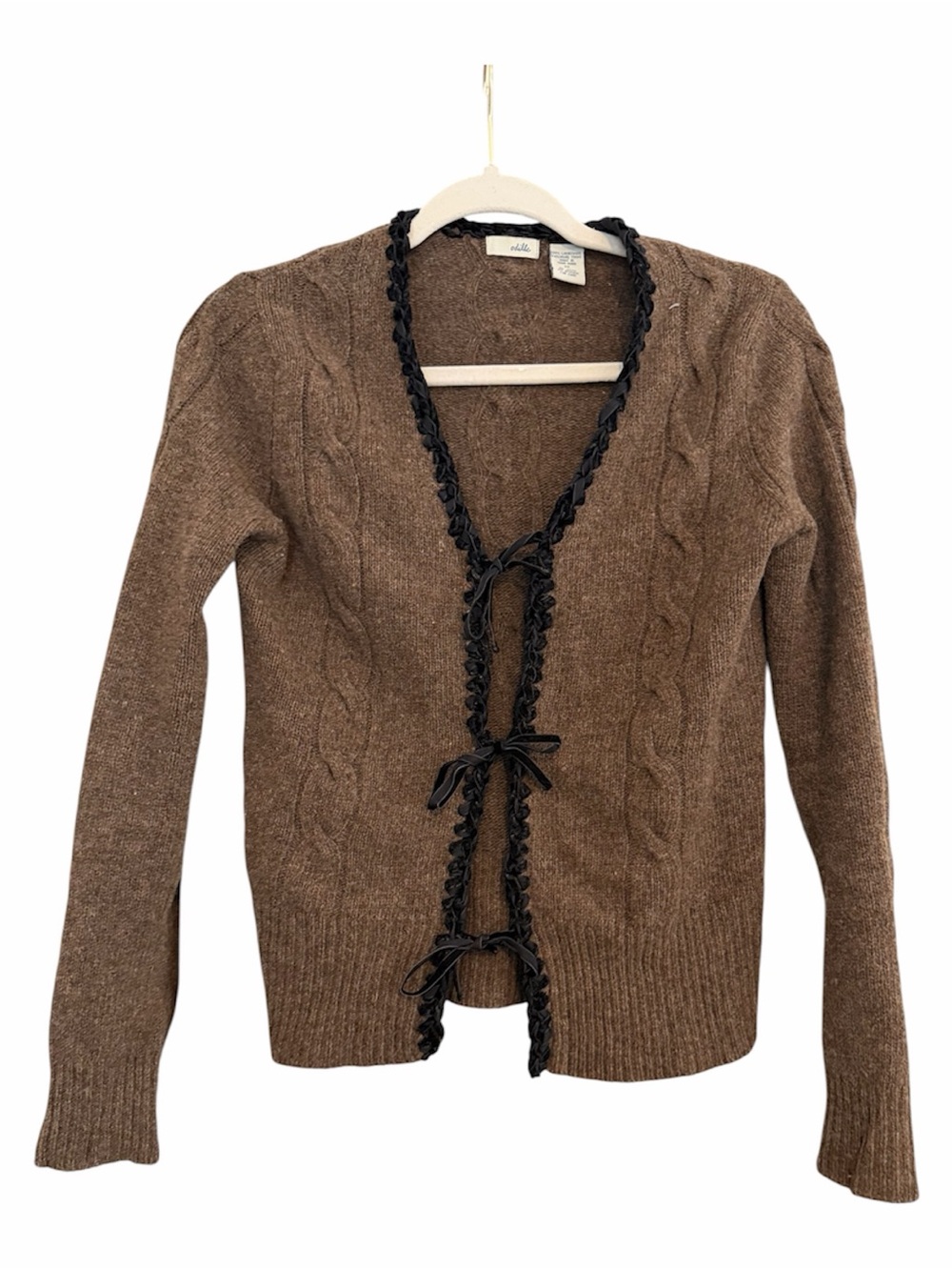 Vintage Odille Brown Cable Knit Cardigan with Black Ribbon Trim